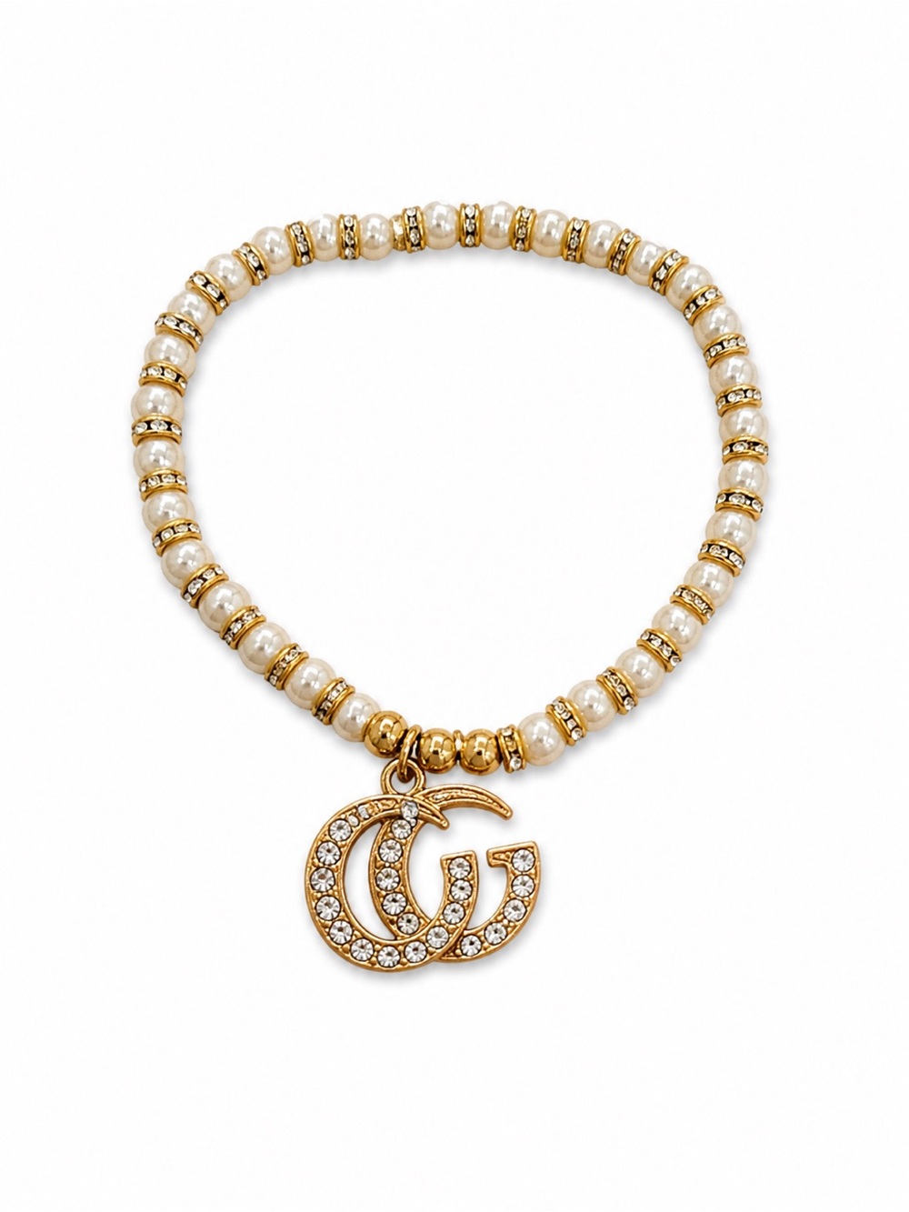 Handmade GG Gold and Pearl Charm Bracelet with Crystals